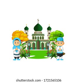 Islamic Mosque With Two Kids Cartoon