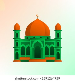 Islamic Mosque with two towers illustration on green and orange color