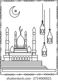 Islamische Moschee unter dem Halbmond. Ramadan-Nachtdarstellung. Moschee-Malvorlage für Kinder und Erwachsene.
