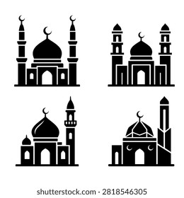 Islamic mosque vector icon collection featuring traditional and modern mosque silhouettes with domes, minarets and crescent symbols, ideal for Ramadan, Eid, religion, architecture, travel and cultural design projects.