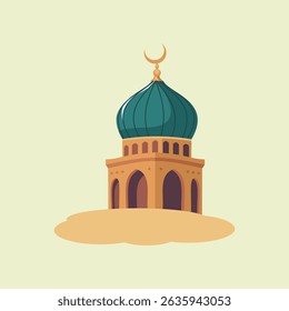 Islamic Mosque Vector Illustration with Crescent Moon Dome. Flat vector illustration of a traditional mosque with a green dome and crescent moon. Perfect for Islamic, Ramadan, and Eid-themed designs.