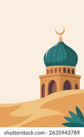 Islamic Mosque Vector Illustration with Crescent Moon Dome. Flat vector illustration of a traditional mosque with a green dome and crescent moon. Perfect for Islamic, Ramadan, and Eid-themed designs.