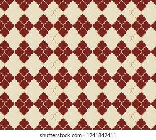 Islamic Mosque Vector Seamless Pattern. Argyle rhombus muslim textile background. Traditional mosque pattern with gold grid. Cool islamic argyle seamless design of lantern lattice shape tiles.