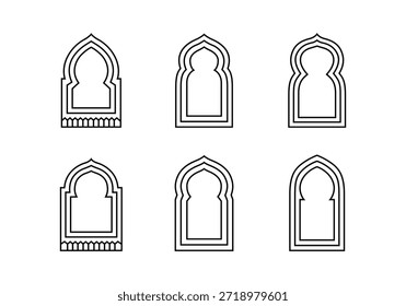 Conjunto de iconos de línea de arcos de ventana de mezquita islámica