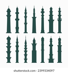 Islamic Mosques Tower silhouettes vector illustration, Ramadan background flat style