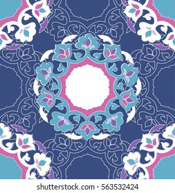 Islamic motifs. Oriental seamless pattern. Blue floral symmetrical abstract.