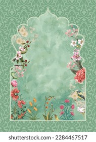 Islamic Mughal arch with tropical forest, flower illustration for invitation card and wallpaper