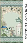 Islamic Mughal Garden, peacock, bird, fountain, arch and border colorful decorative pattern frame for wedding invitation. Moroccan illustration