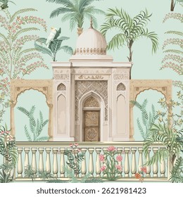 Islamic Mughal palace with tropical flora, cockatoo, miniature style, pale green background seamless vector pattern