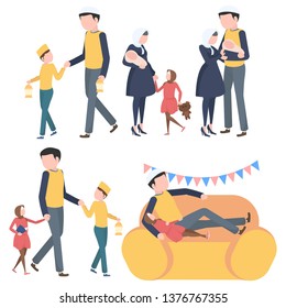 Islamic muslim activity collection, vary in poses of family