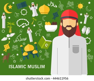 Islamic Muslim concept background. Flat icons. with word ramadan and halal in Arabic language