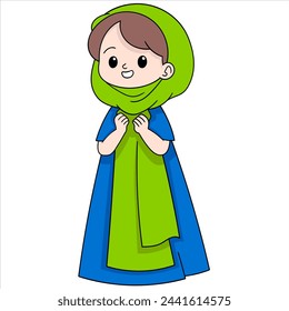 Musulmana islámica dibujo animado niño ilustración, joven vestida con ropa religiosa que da la bienvenida al mes de Ramadán Kareem