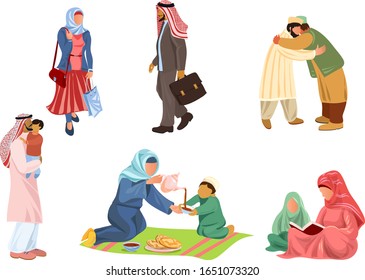 Islamic muslim families and people doing everyday things vector illustration