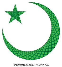 Islamic muslim holiday celebration green abstract modern background with glowing textured crescent with a star, symbols of Islam