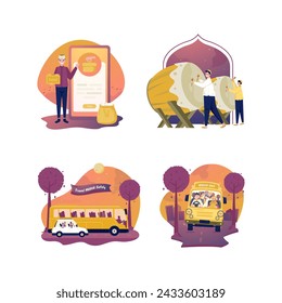 Islamic muslim pay zakat ramadan, takbir and mudik tradition illustration set