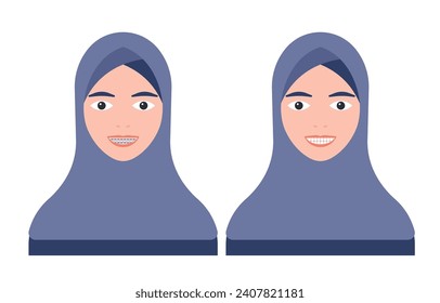 Islamic muslim woman in hijab with braces on her teeth vector illustration