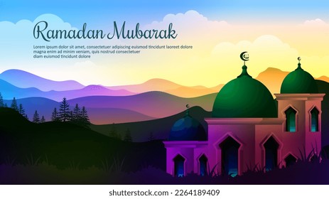 Islamic Nature scenery mosque at sunset with mountain ranges at sunset 