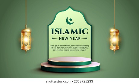 Islamic new year with 3d podium realistic background. suitable for greeting card, web banner,est.