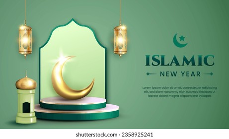 Islamic new year with 3d podium realistic background. suitable for greeting card, web banner,est.