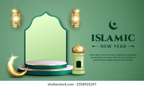 Islamic new year with 3d podium realistic background. suitable for greeting card, web banner,est.