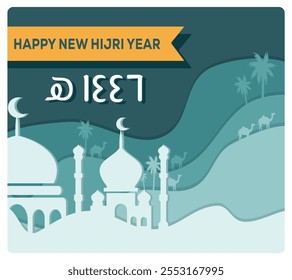 Islamisches Neujahr mit Moschee und Halbmond. Kamele und Palmen in der Wüste. Happy New Hijri Year Konzept. Flache Vektorgrafik.