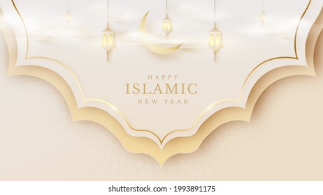 Islamic new year creative background, lamp and half moon overlap cloud and golden line on pattern. Luxury realistic paper cut style mosque design. Empty space to place text. vector illustration.