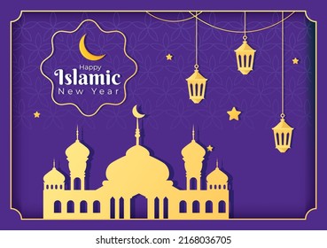 Islamic New Year Day or 1 Muharram Vector Background Illustration of Muslim Family Celebrating Can be use for Greeting Card or Invitation