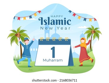 El Día Islámico de Año Nuevo o 1 Vector Muharram Fondo Ilustración de la familia musulmana que celebra puede ser usada para tarjeta de felicitación o invitación