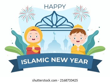 Islamic New Year Day or 1 Muharram Vector Background Illustration of Muslim Family Celebrating Can be use for Greeting Card or Invitation