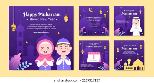 Islamic New Year Day or 1 Muharram Social Media Post Template Flat Cartoon Background Vector Illustration