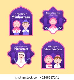 Islamic New Year Day or 1 Muharram Social Media Label Template Flat Cartoon Background Vector Illustration