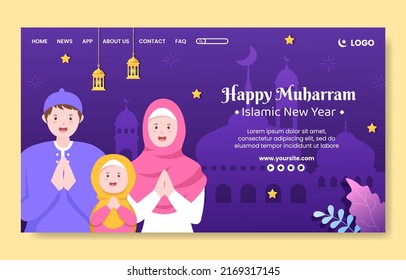 Islamic New Year Day or 1 Muharram Social Media Landing Page Template Flat Cartoon Background Vector Illustration