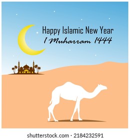 Islamic New Year Design Background. Vector illustration for greeting cards, posters and banners. 1 Muharram celebration flat design with silhouette camel illustration.