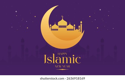 Islamic New Year – Elegant Purple and Gold Design. Perfect for Muharram, Hijri New Year, Islamic holiday Celebrations, Banners, Invitations, Social Media Posts, and more.