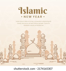 Islamic new year greeting card with mosque illustration in line art design