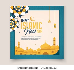 Islamic New Year greeting post design with lantern and Islamic mosque for social media post banner
