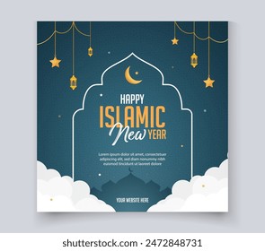 Islamic New Year greeting social media post template with Islamic lantern  star and cloud