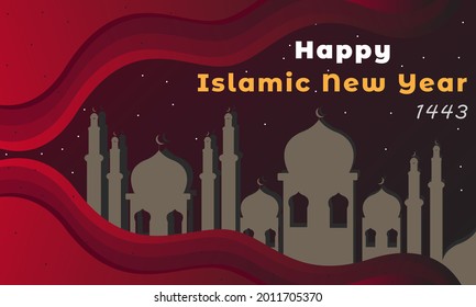 Islamic new year greeting template in papercut style. very suitable as a happy Islamic new year. the shape of the mosque is made with a silhouette.