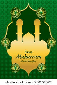 Islamic new year greeting template design with green color and mosque ornaments.