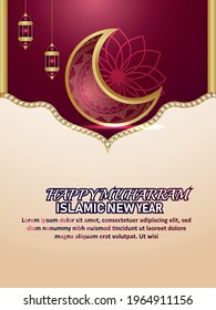 Islamic new year happy muharram celebration party poster with arabic pattern moon