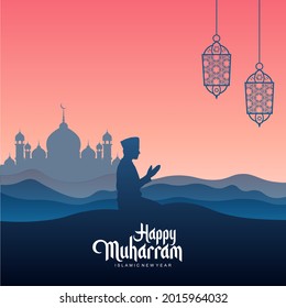 islamic new year, happy muharram vector illustration, people praying