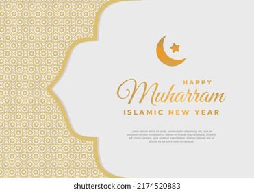 Islamic new year, happy muharram festival greeting card background. With golden text lettering, crescent, star and golden islamic ornament on grey background.