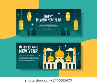 Islamic New Year Horizontal Banner Flat Cartoon Hand Drawn Templates Background Illustration