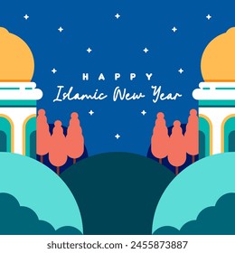 Islamic new year illustration background. Flat greeting cards collection for islamic new year celebration