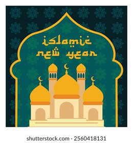 Islamic New Year with a mosque, crescent moons, and vibrant patterns. Ideal for festive holiday designs or cultural celebrations of Islamic traditions. Flat vector modern illustration 