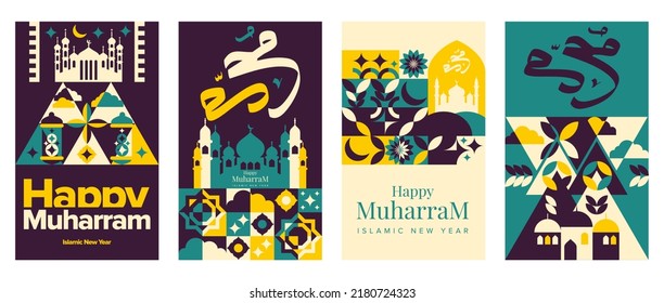 Islamic New Year, Muharram Hijri Month. Geometric Greeting Card, Poster, Book Cover Vector Collection