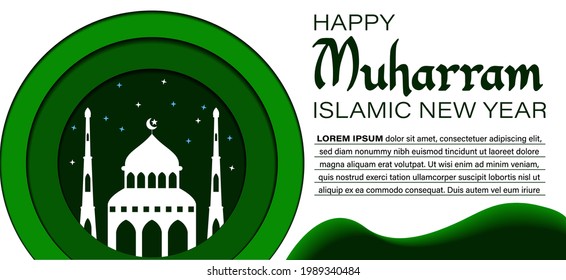 Islamic New Year Muharram modern flat design Happy Islamic New Year background. Great for greeting cards, posters, and banners. Cut out paper style with blue color