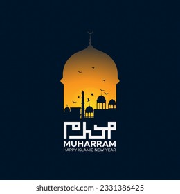 Islamic New Year poster design with mosque and birds view at the evening. Kufi arabic word means Muharram.