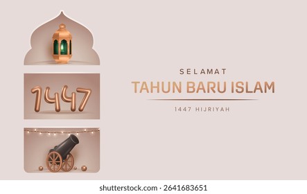 Islamic New Year Poster Design with Hour Hand at 1447 in Hijri Isolated in Green Background. Happy Muharram Media Social Post.Ashura Day Vector Illustration