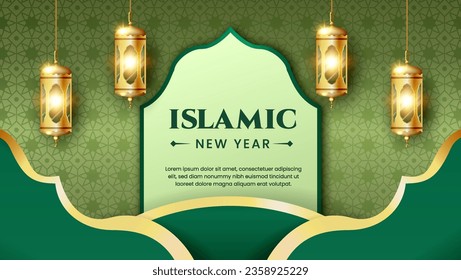 Islamic new year with realistic gold lantern, suitable for greeting card, web banner,est.